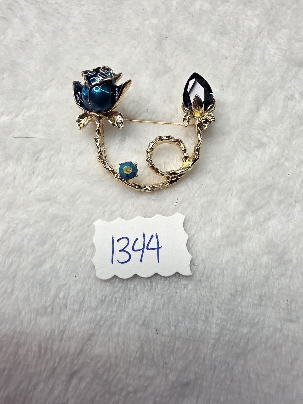 Gold-Tone Blue Rose Crystal Brooch Pin